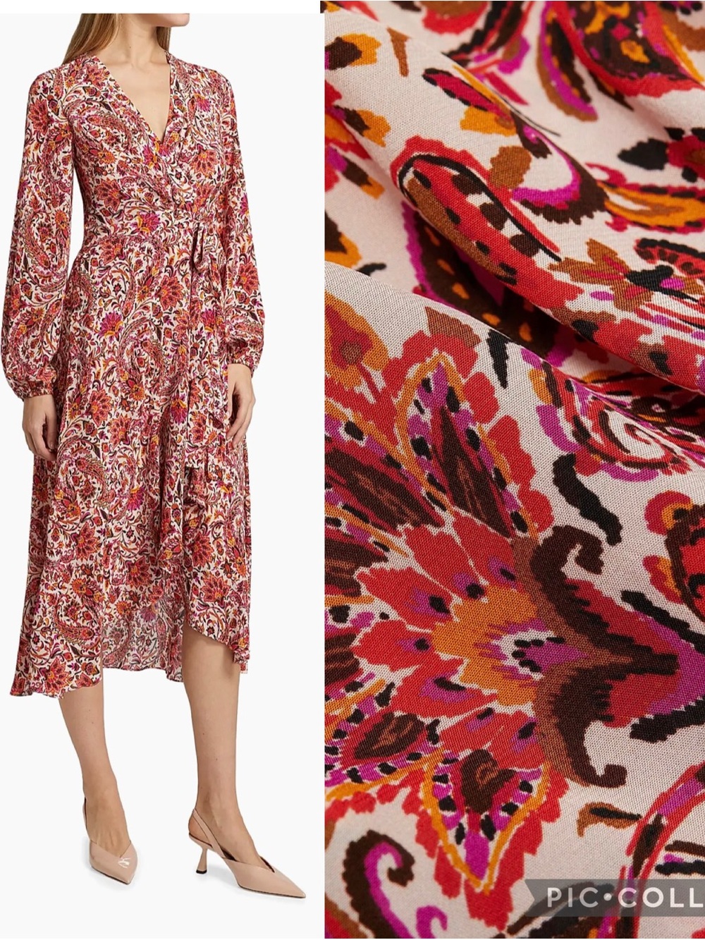 Kobi Halperin Dorothy Pink Red Orange Paisley Wrap High Low Midi Dress size XL